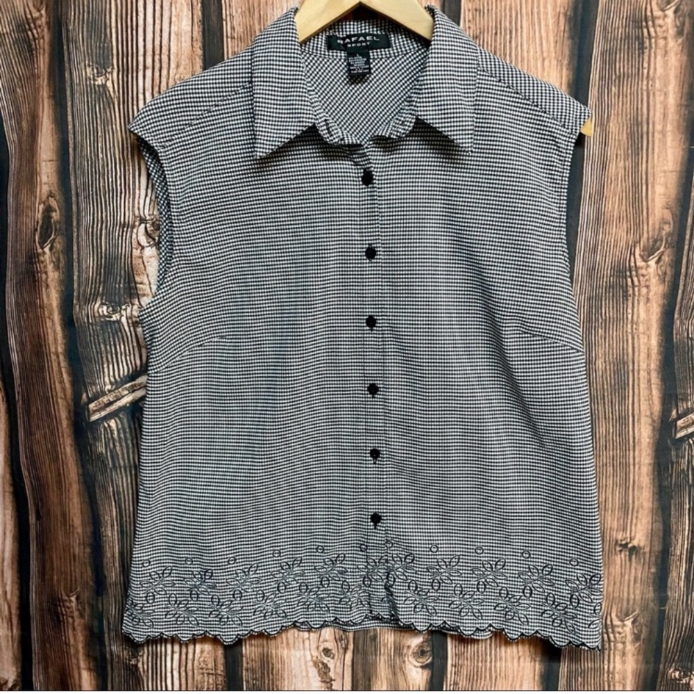RAFAEL-Black & White checkered Sleeveless Button Down Shirt-Golf-Sporty-Size L